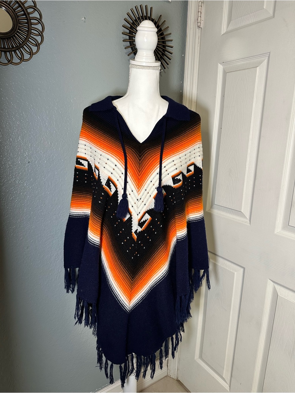 Navy Orange Chevron Poncho Sweater with Tassel